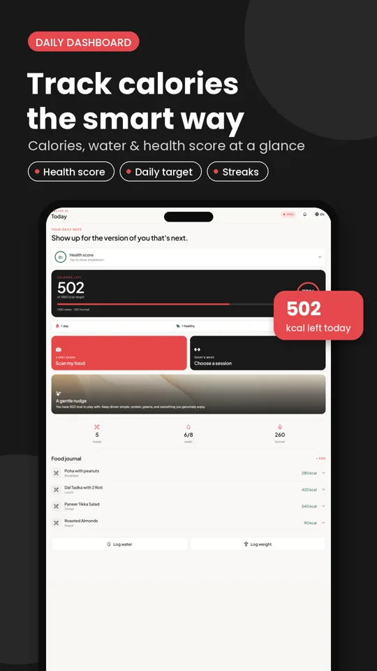 CALIVO AI dashboard showing calories left, health score and food journal